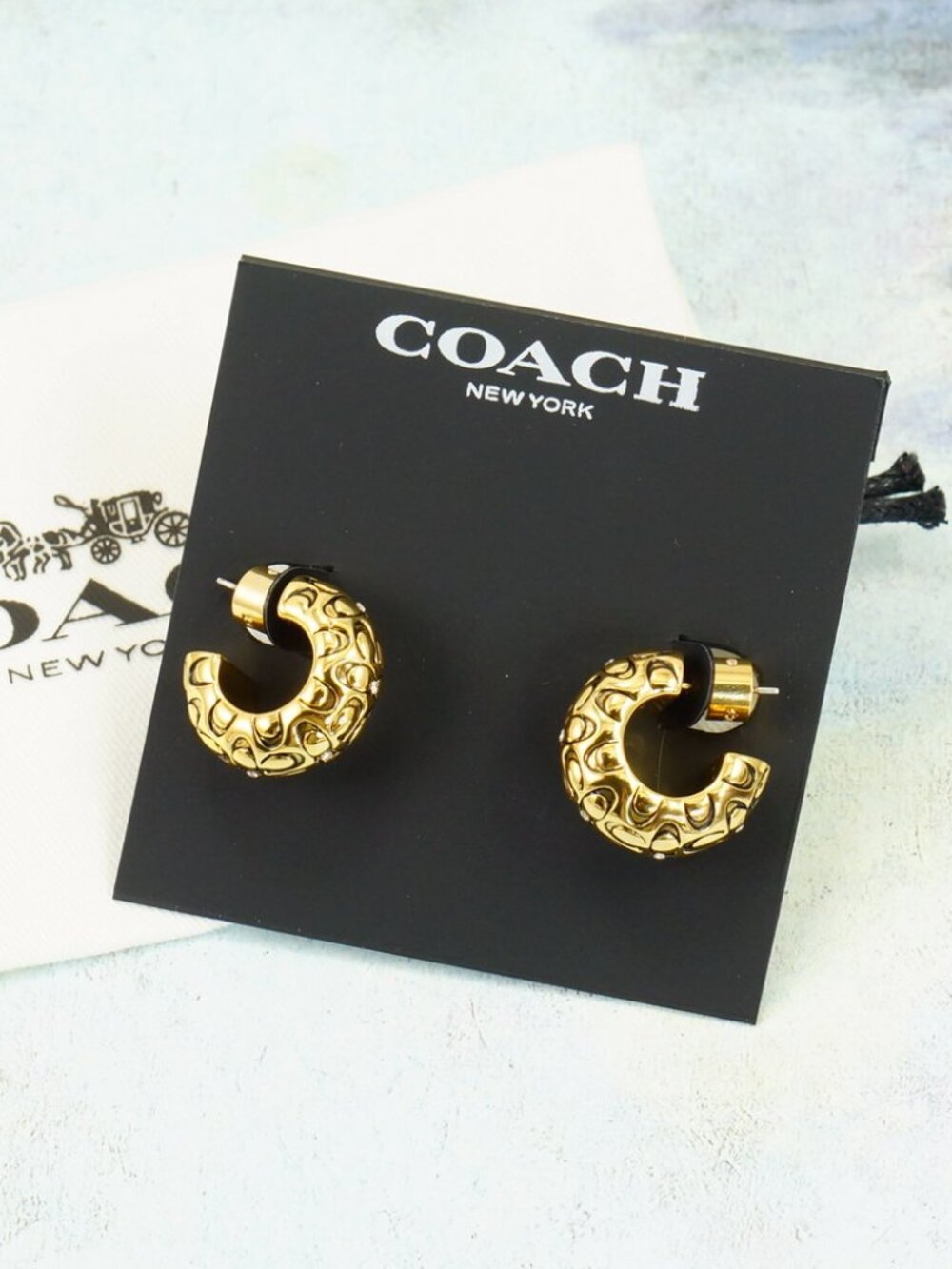 Coach Quilted Signature Chunky Hoop Earrings Gold Plated